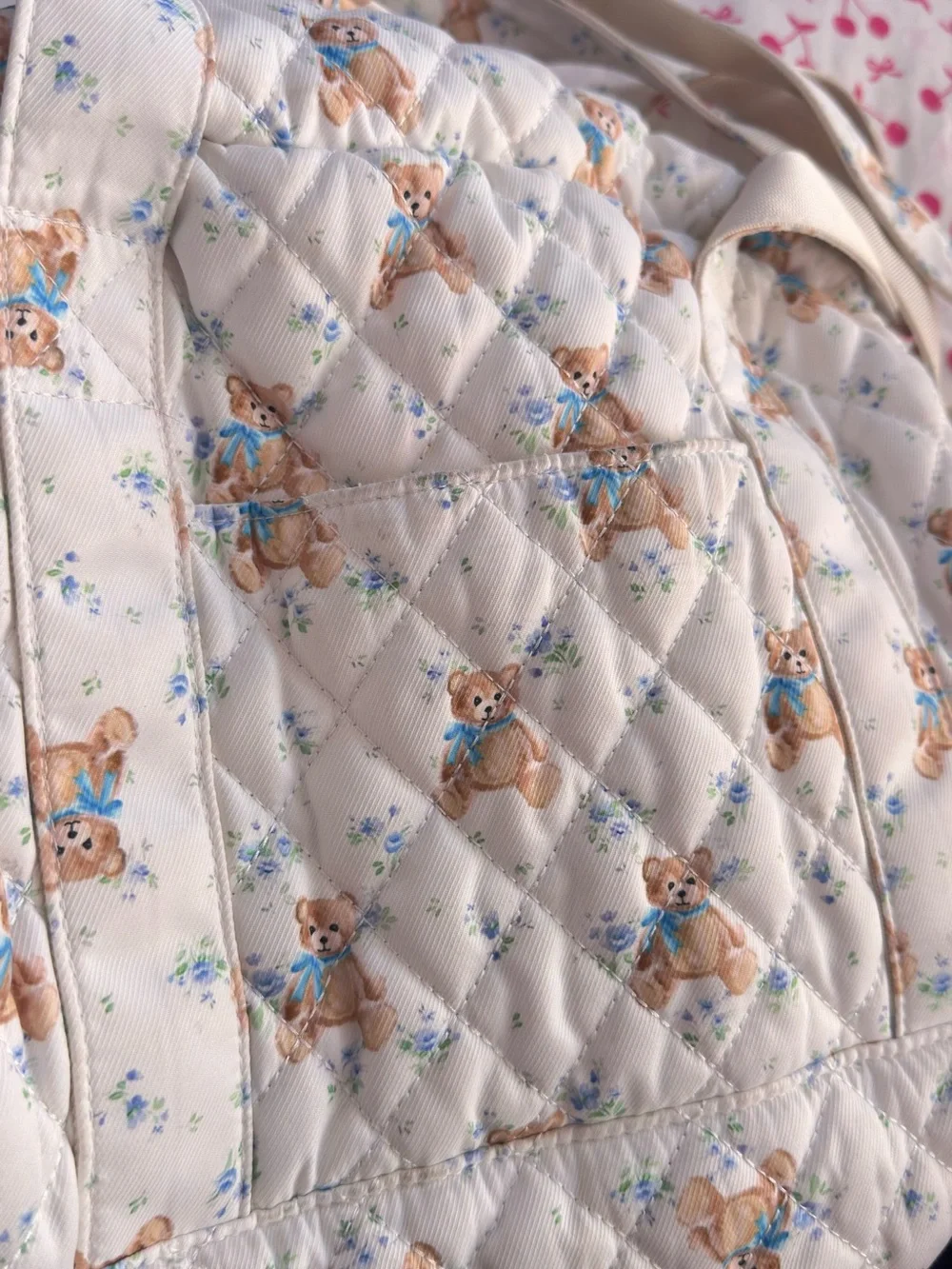 Quilted Teddy Print diaper Bag - White / Cream